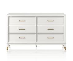 a white dresser with gold handles and drawers on the bottom, against a white background