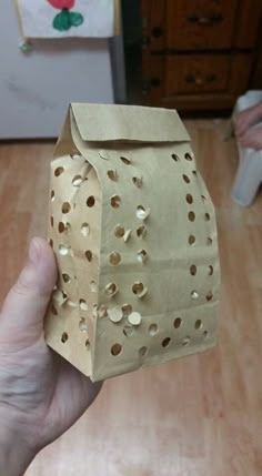 a hand holding a paper bag with holes in it