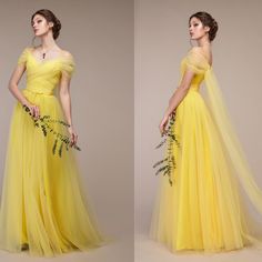 two pictures of a woman in a yellow dress with flowers on the waist and shoulder