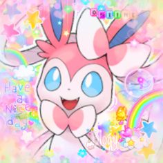 a pink and white animal with stars on it's face, in front of a rainbow