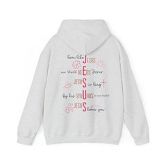 Christian Women's Jesus Hoodie Embrace the profound message of unconditional love and faith with our exclusive Jesus Hoodie. Designed to serve as a heartfelt reminder of divine grace, this hoodie combines comfort, style, and spiritual inspiration, making it a must-have for believers and seekers alike. Key Features: Premium Quality Material: Expertly crafted from a blend of soft, durable fabric, this hoodie offers warmth and comfort, ensuring you feel wrapped in love with every wear. Elegant Desi Inspirational Hooded Sweatshirt With Letter Print, Inspirational Long Sleeve Hoodie For Fall, Inspirational Letter Print Hooded Sweatshirt, Inspirational Hooded Hoodie With Letter Print, Inspirational Cotton Hoodie For Winter, Inspirational Cotton Winter Hoodie, Inspirational Long Sleeve Relaxed Fit Hoodie, Jesus Graphic, Christian Fall