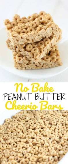 no bake peanut butter cheeto bars are stacked on top of each other with the words, no bake peanut butter cheeto bars