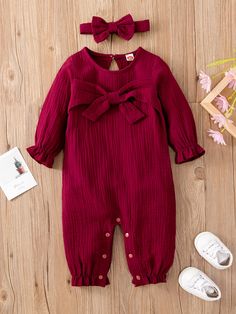 Burgundy Cute  Long Sleeve Cotton Plain Other  Non-Stretch Spring/Fall Baby Clothing Pink Trailer, Aloo Paratha, Outfits For Church, Woman Costumes, Fall Baby Clothes, Play Suit, Solids For Baby, Baby Summer, Bead Embroidery Patterns