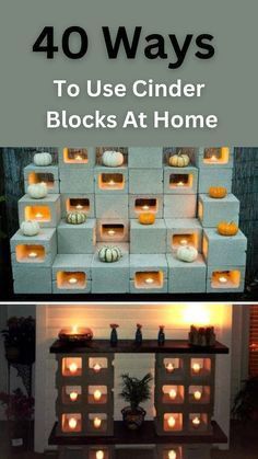 candles are placed on top of cinder blocks in front of a house with the words 40 ways to use cinder blocks at home