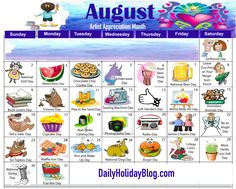 an image of a calendar for the month of august with pictures and words on it