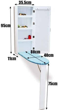 an ironing board is shown with measurements for the top shelf and bottom shelves on each side