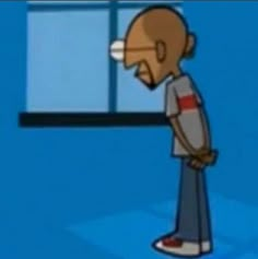 an animated man standing in front of a window