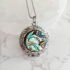 Abalone Shell Locket Necklace with photos, silver embossed picture locket, bridesmaid gift, personalized locket Shell Locket, Locket Design, Picture Locket, Stamped Metal, Hand Crafted Jewelry, Asheville Nc, Pressed Flower, Abalone Shell, Crafted Jewelry