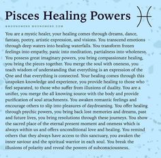 a poem written in blue with the words piscs healing powers on it