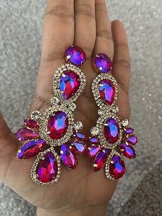 Top Rated 3.5๏ฟฝ Big Long Ab Pink Fuchsia Dangle Pageant Rhinestone Crystal Magenta Earrings, Fashion Jewelry Magenta Earrings, Evening Earrings, Purple Shades, Magenta Purple, Color Fuchsia, Bright Spring, Fashion Jewelry Earrings, Bead Embroidery, Beaded Embroidery