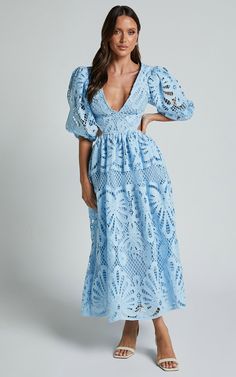 Anieshaya Midi Dress - V Neck Cut Out Lace Dress in Soft Blue | Showpo USA Elegant Blue Maxi Dress With Lace Trim, Light Blue Lace V-neck Dress, Elegant Light Blue Dress With Lace Trim, Light Blue Lace Midi Dress Knee-length, Chic Blue Scalloped Lace Dress, Blue Scalloped Lace Dress For Summer, Blue Fitted Dress With Scalloped Lace, Chic Blue Dress With Scalloped Lace, Blue Scalloped Lace Fitted Dress