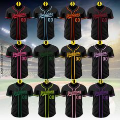 a baseball uniform with different colors and numbers on the front, side, and back