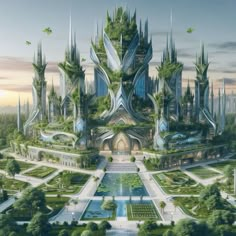 a futuristic city with lots of trees and plants on the top of it, surrounded by greenery