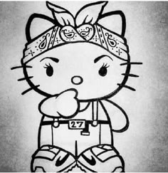 a drawing of a hello kitty holding a soccer ball and wearing a bandana on her head