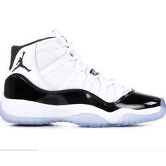 The Air Jordan 11 Retro Gs ‘Concord’ 2018 Plays Off The Same Design Hallmarks As The Adult-Sized Model, Beginning With The Ballistic Mesh Upper In White. The Upper Gives Way To A Black Patent Leather Mudguard, Which Then Transforms To A Translucent Rubber Outsole Equipped With The Concord Herringbone-Tread Inserts Inform The Sneaker's Name. White Mid-top Running Shoes With Contrast Sole, Black And White Jordan 11, Jordan 11 High Top, White Jordan 11, Black And White Jordans, Jordan 11s, Surprise Boyfriend, Jordan Retro 11, Retro Pictures