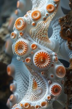 an orange and white sea coral with many different shells on it's sides, in the water