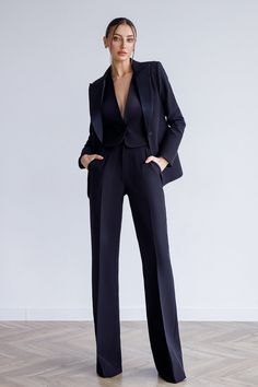 Fabric: crepe, satin lapels Cotton 65%, Polyester 35% Single breasted (1 buttons) Peak lapels Flap pockets Wide-leg pants Jacket length: 65 cm/ 25,5 in Sleeve length: 62 cm/ 24,4 in Vest length: 45 cm/ 17,7 in Pants length (inseam): 90 cm/ 35,4 in 3 Piece Suit Women, Womens Tuxedo, Pant Suits For Women, Tuxedo Women, Costume Noir, Power Suit, Black Suit, 3 Piece Suits, Black Suits