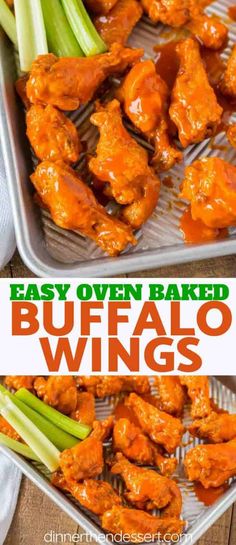 two trays filled with buffalo wings and celery sticks in the foreground