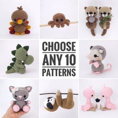 there are many crocheted animals hanging on clothes pins