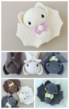 crocheted elephant hats and mittens are shown in four different pictures, including one with a bow