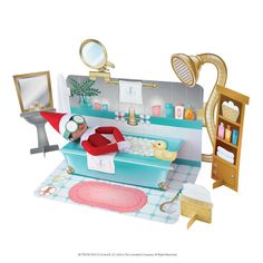 an image of a bathroom scene with elf in the bathtub and mirror on the wall