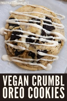 vegan crumbl oreo cookies with white icing drizzled on top