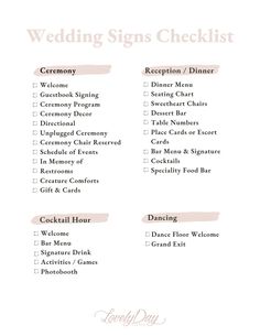 the wedding sign checklist is shown in pink