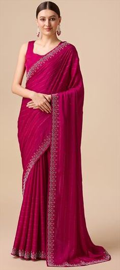 Pink and Majenta color Saree in Satin Silk fabric with Stone work Traditional Pink Art Silk Pre-draped Saree, Dark Pink Saree, Festive Pink Satin Saree, Pink Cotton Silk Pre-draped Saree With Cutdana, Traditional Pink Pre-draped Saree In Katan Silk, Pink Bollywood Silk Pre-draped Saree, Simple Sarees, Traditional Saree, Pink Saree