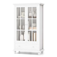 a white cabinet with glass doors and shelves