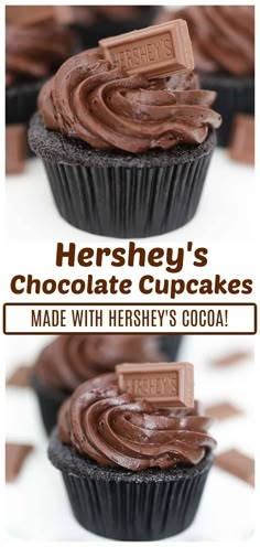 chocolate cupcakes with hershey's cocoa frosting on top and the words hershey's chocolate cupcakes made with hershey's cocoa