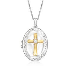 Ross-Simons - .10ct t. w. Diamond Cross Locket Necklace, Gold Over Sterling. 18". Showcasing a special symbol of faith, our .10 ct. t. w. round brilliant-cut diamond cross locket necklace holds a 7/8" x 11/16" photo inside. Textured and polished finishes. Suspends from a rope chain with a 2" extender. Perfect for a religious milestone or keeping someone close to your heart, always. Springring clasp, diamond cross locket necklace. Diamond birthstones are the perfect gift for April birthdays. Anniversary Cross Necklace With Diamond Accents, Classic White Medallion Jewelry, Diamond Cut Round Cross Necklace For Anniversary, Diamond Cut Cross Necklace For Anniversary, Round Diamond Cut Cross Necklace For Anniversary, White Oval Jewelry For Memorial, White Gold Crucifix Jewelry For Anniversary, White Gold Crucifix For Anniversary, White Polished Cross Jewelry