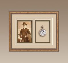 an old time photo with a clock in the middle and a man standing next to it