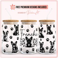 three glass jars with dogs on them and the words frenchie written in black ink