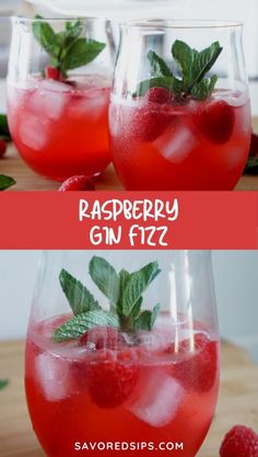 raspberry gin fizz in glasses with strawberries and mint on the rim