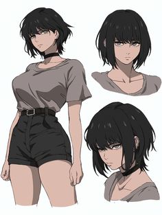 three different poses of a woman with short black hair, wearing shorts and a t - shirt