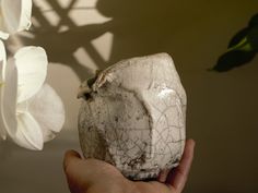 a hand holding a piece of white pottery next to some orchids on a table