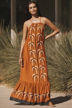 Find LouLou Avenue Tiered Tent Dress on Editorialist. The LouLou Avenue Tiered Tent Dress is made of modal and features a tiered design. The dress has a halter neck and an open back. The dress is ankle length. Orange Outfit, Soft Autumn, Rust Orange, Rust, Orange