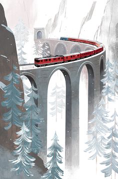 a red train traveling over a bridge surrounded by pine trees and snow covered mountains in the background