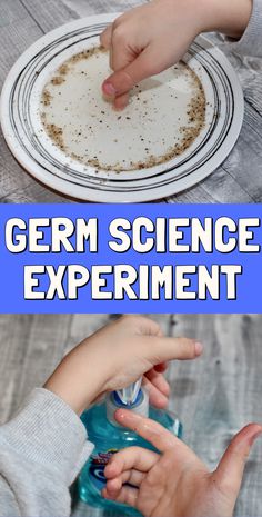 two photos with the words germ science experiment on them and hands reaching for something