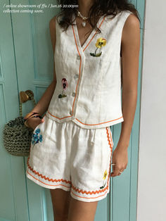 ditsy embroidery button up vest and shorts set matching 2 piece floral tank and shorts set #shorts #shortset #2piece #twopiece #embroidery Sleeveless Sets For Spring Vacation, Spring Vacation Sleeveless Sets, Spring Cotton Sets With Short Length, Cotton Short Sets For Spring, Cotton Short Length Sets For Spring, White Sleeveless Sets For Beach Season, Sleeveless Sets For Spring And Summer, Sleeveless Summer Sets For Day Out, Cotton V-neck Sets For Day Out