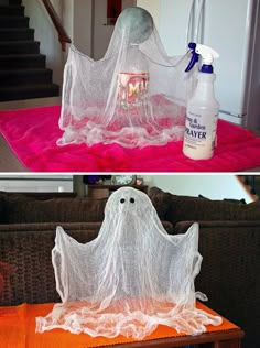 two pictures of halloween decorations, one with a ghost figure and the other with a spray bottle