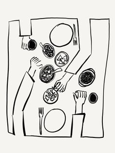 a black and white drawing of people eating at a table with food in front of them