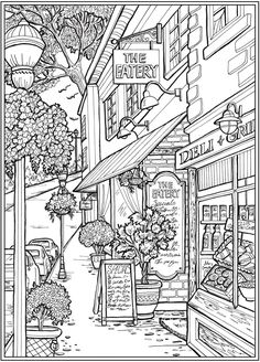 a black and white drawing of a storefront with flowers on the outside, in front of