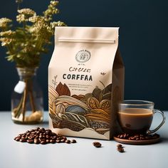 a bag of coffee next to a cup of coffee beans and a vase with flowers