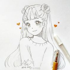 a drawing of a girl with long hair and big eyes is shown next to a pen