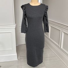 Stretchy Fit Fitted Zara Midi Dress For Winter, Zara Sheath Dress For Fall, Zara Stretch Dress For Fall, Gray Fitted Midi Dress For Winter, Fitted Gray Midi Dress For Winter, Gray Fitted Winter Midi Dress, Chic Gray Ruffled Dress, Winter Stretch Dresses With Ruffles, Chic Gray Dress With Ruffles