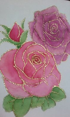 two pink roses with green leaves painted on white paper and gold glitters are shown