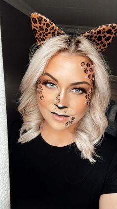 Kitty Halloween Costume For Women, Cheetah Face Makeup Halloween, Cheetah Cat Makeup, Leopard Cat Halloween Costume, Easy Leopard Costume, Womens Cheetah Costume, Cheetah Costume Women Halloween, Simple Leopard Makeup, Cheetah Print Face Makeup