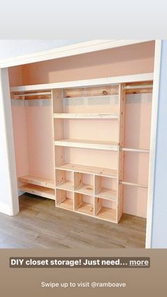 an instagram photo of a closet with pink walls and shelving in the middle