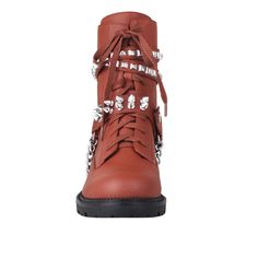 These vibrant and stylish boots will let you enter the world with style. These privileged boots, which are made of vegan leather and adorned with chains and studs, will stand out and provide an edgy edge to any ensemble. They are the ideal choice to transition your outfits from day to night, with an ankle buckle closure for a snug fit and a 1.5"H heel. These fashionable boots are ideal for wearing with jeans or skirts and are sure to draw attention. With these shoes, you'll undoubtedly feel pamp Trendy Lace-up Boots With Cushioned Footbed, Fall Heels With Closed Toe And Lug Sole, Fall Lug Sole Round Toe Heels, Fall Heels With Lug Sole And Round Toe, Lace-up Boots With Studded Rubber Outsoles, Synthetic Lace-up Boots With Studded Rubber Outsoles, Trendy Spring Heels With Lug Sole, Trendy Lug Sole Heels For Spring, Trendy Spring Lace-up Faux Leather Boots